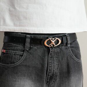 y2k chrome star buckle black leather belt — 2000s pop style